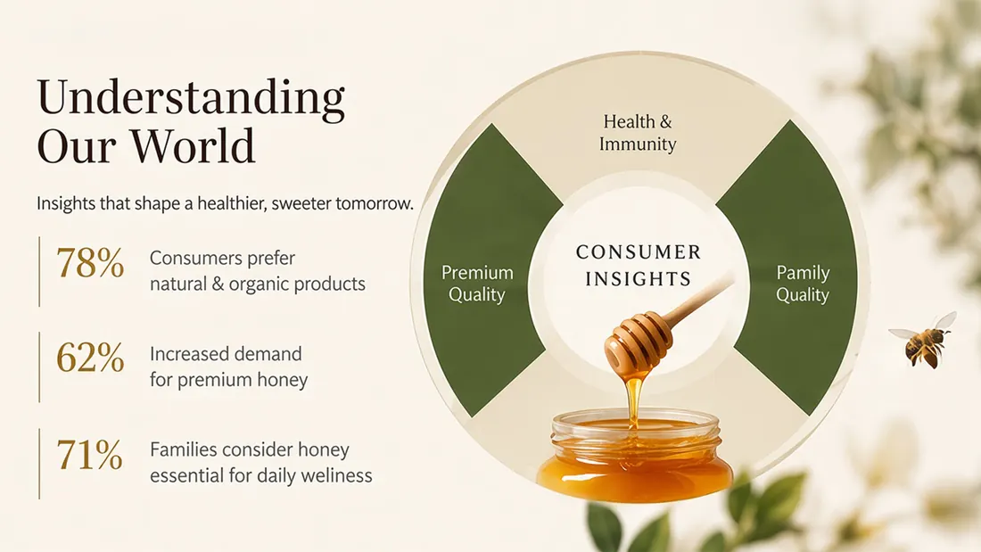 Understanding Our World: a consumer-insight ring with three research figures on natural products, premium honey and honey as daily wellness.