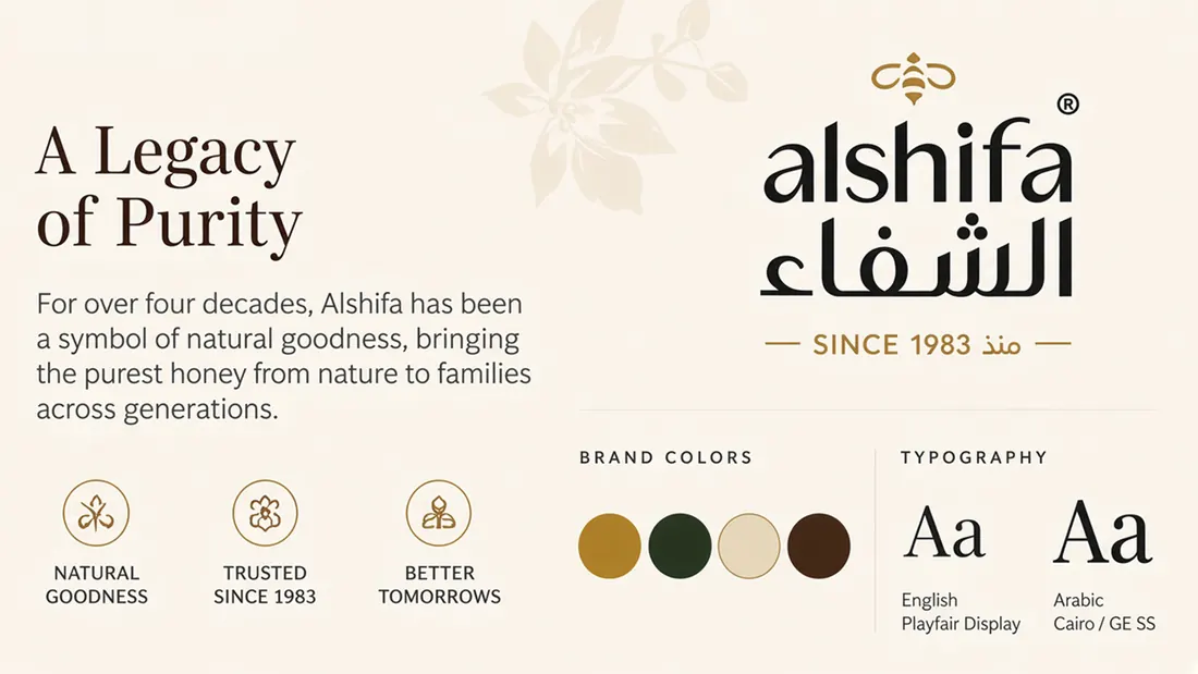 A Legacy of Purity: the bilingual alshifa lockup with the brand colours and the English and Arabic typefaces.