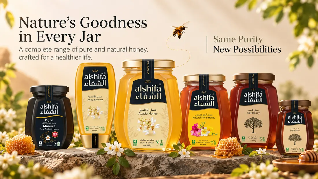 Nature's Goodness in Every Jar: the full honey range lined up, from Manuka to Acacia.