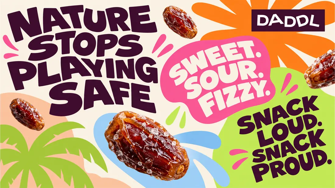 Cover board: NATURE STOPS PLAYING SAFE with the DADDL wordmark and the line Sweet. Sour. Fizzy. Snack loud. Snack proud.