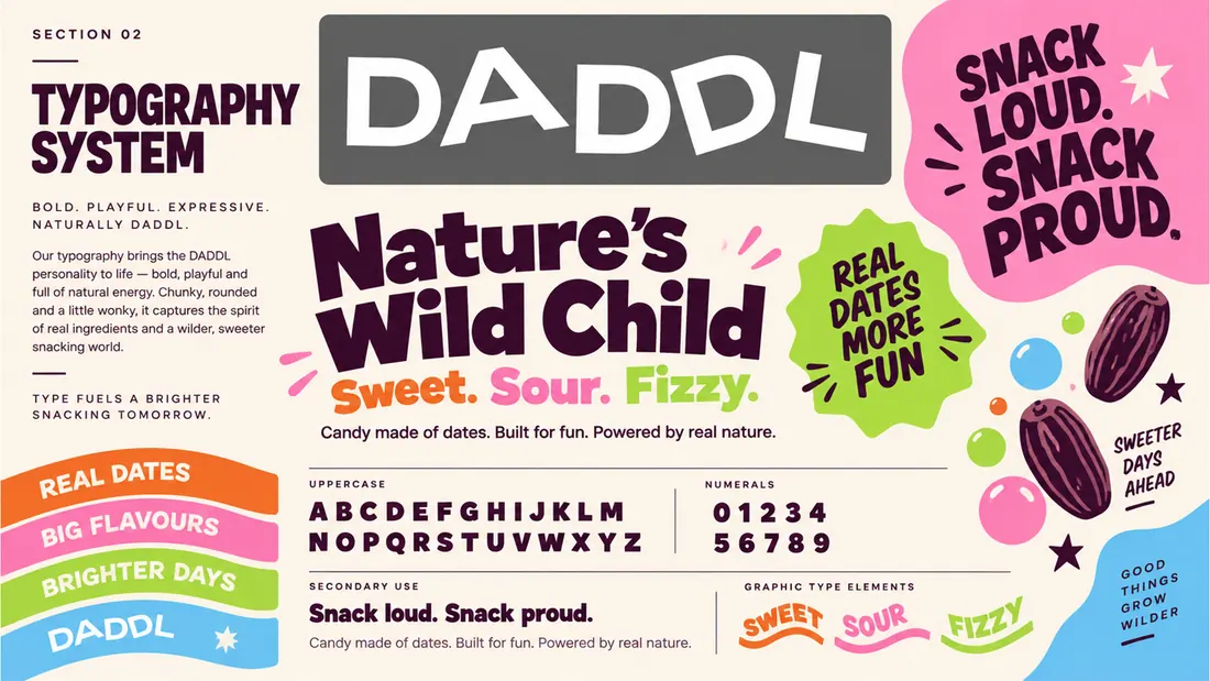 Typography system: the DADDL wordmark, the uppercase and secondary sets, numerals and the graphic type elements.
