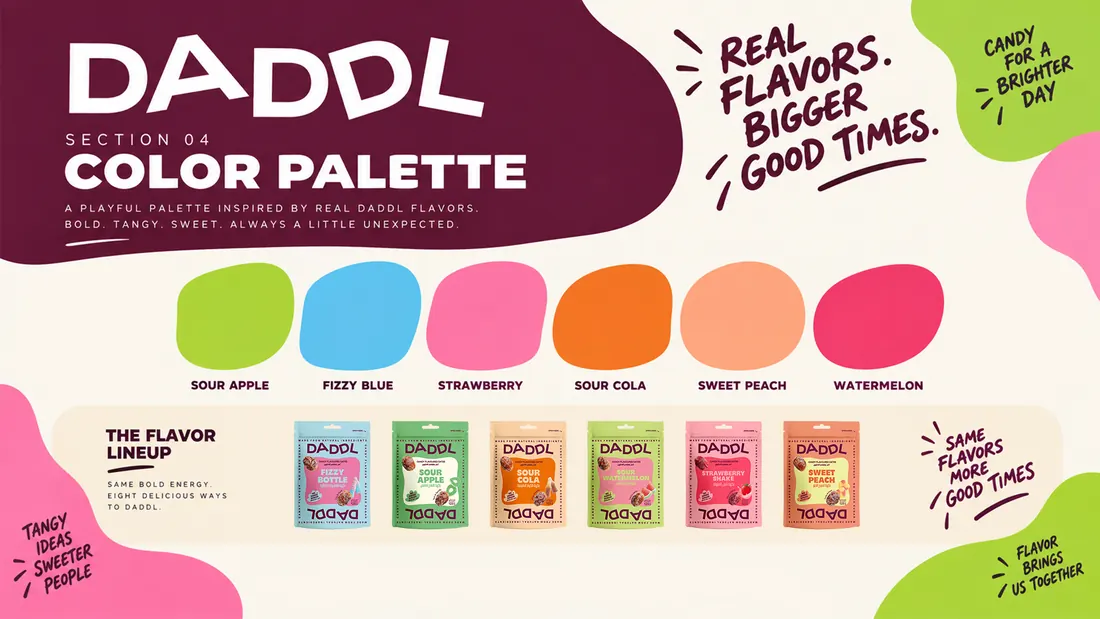 Colour palette: six flavour colours from sour apple to watermelon, shown against the pack lineup they belong to.