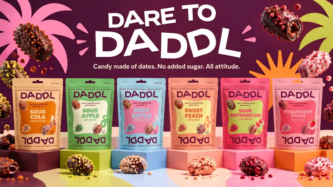 Dare to DADDL: the six packs in a row under the line Candy made of dates. No added sugar. All attitude.