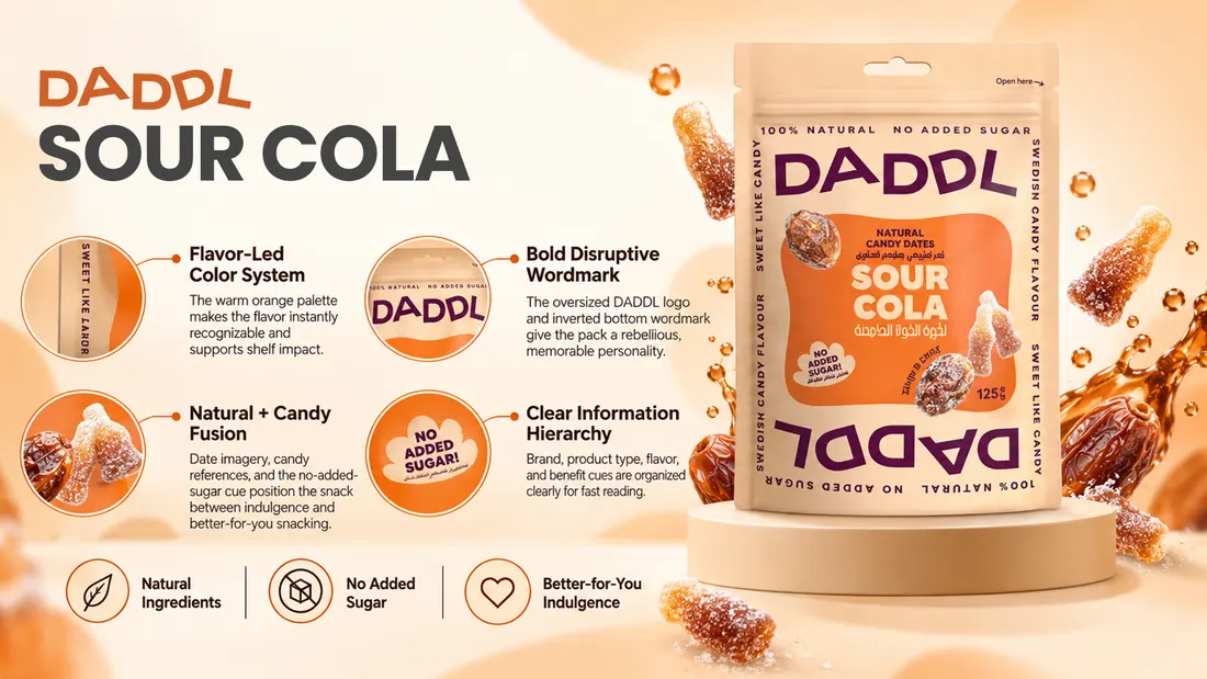 Sour Cola pack rationale, annotated the same way as the rest of the range.