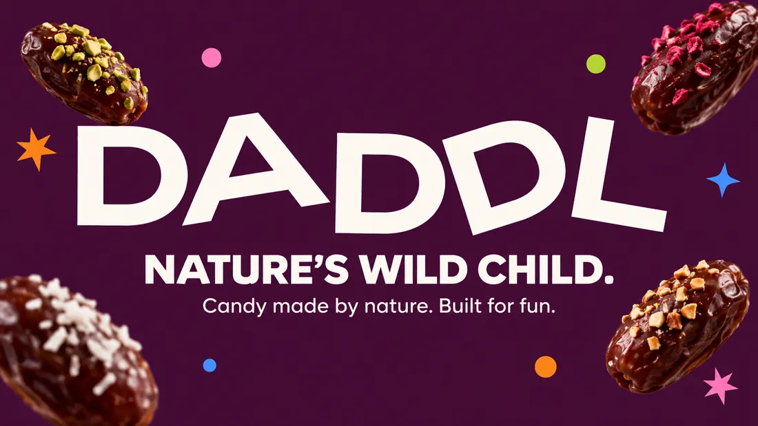 Closing board: the DADDL wordmark on deep plum under the line Nature's Wild Child — candy made by nature, built for fun.
