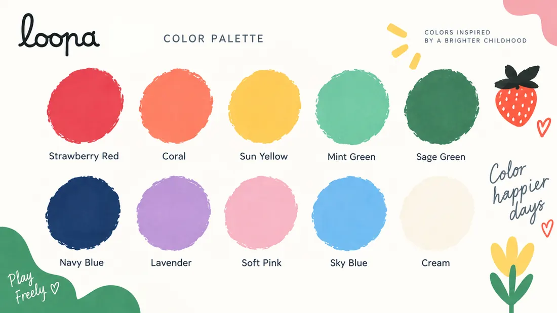 Colour palette: ten hand-drawn swatches from strawberry red to cream, captioned colours inspired by a brighter childhood.
