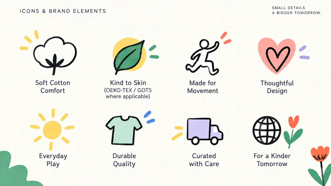 Icons and brand elements: eight line icons for soft cotton comfort, kind to skin, made for movement and five more.