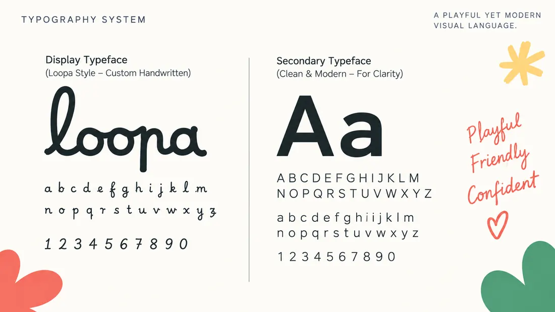 Typography system: the custom handwritten Loopa face beside the clean secondary face, with both alphabets set out.
