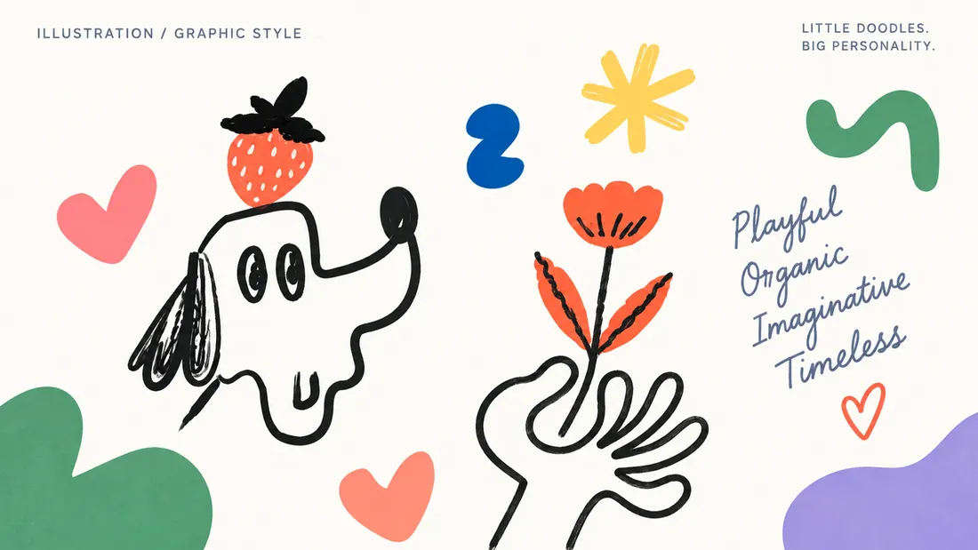 Illustration and graphic style: the dog, flower and heart doodles that carry the brand, captioned playful, organic, imaginative, timeless.