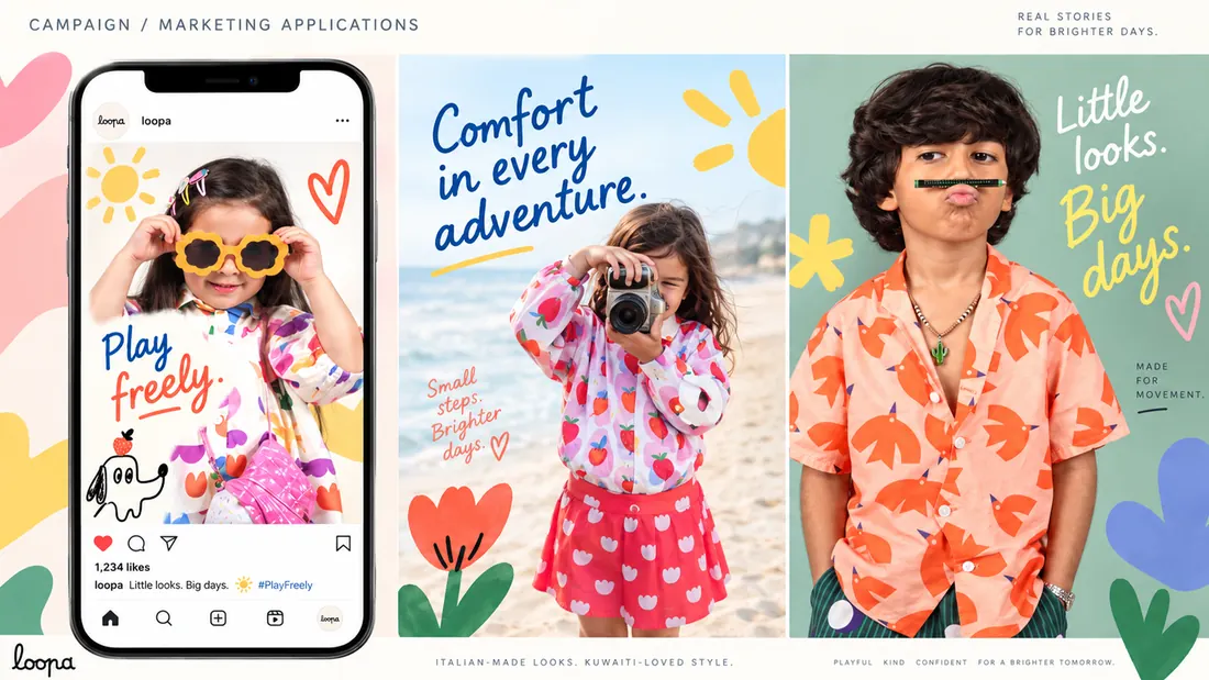 Design and marketing applications: an in-feed post beside two campaign layouts, Comfort in every adventure and Little looks, big days.