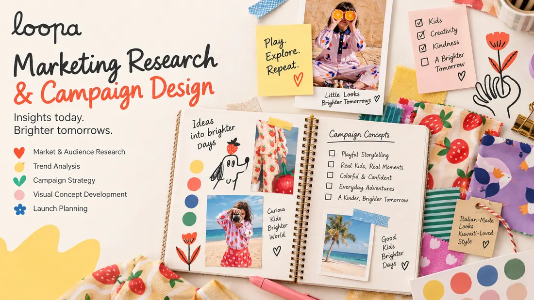 Marketing research and campaign design: the research workstreams and campaign concepts laid out as notebook pages.