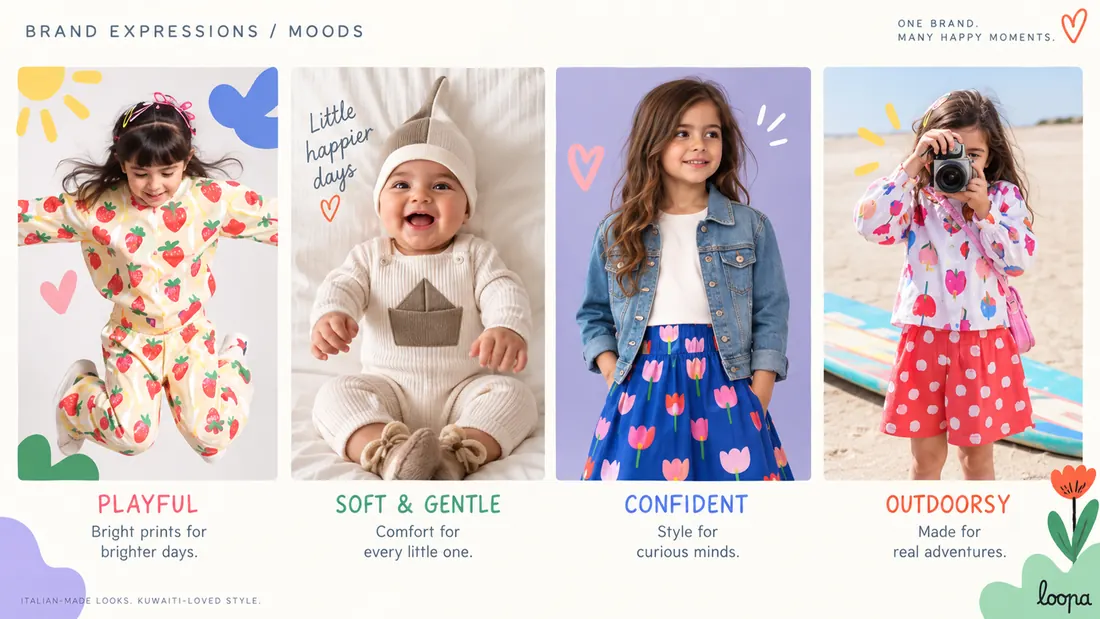 Brand expressions and moods: four children photographed as playful, soft and gentle, confident and outdoorsy.
