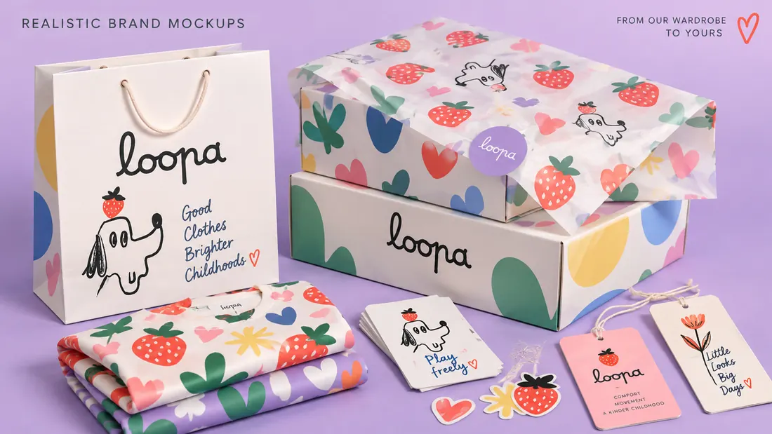 Brand mockups: printed bag, gift box, swing tags and folded garments in the Loopa pattern.