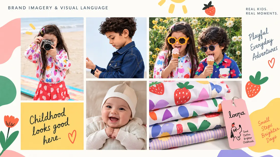Brand imagery and visual language: a six-photograph grid of real children in the range, captioned childhood looks good here.