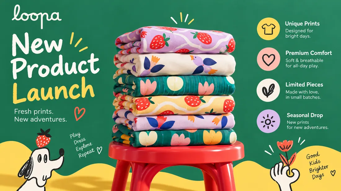 New product launch: a stack of printed pieces on a red stool beside four launch points — unique prints, premium comfort, limited pieces, seasonal drop.