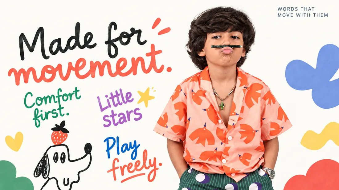 Expressive typography: Made for movement, Comfort first, Little stars and Play freely set in the handwritten face.