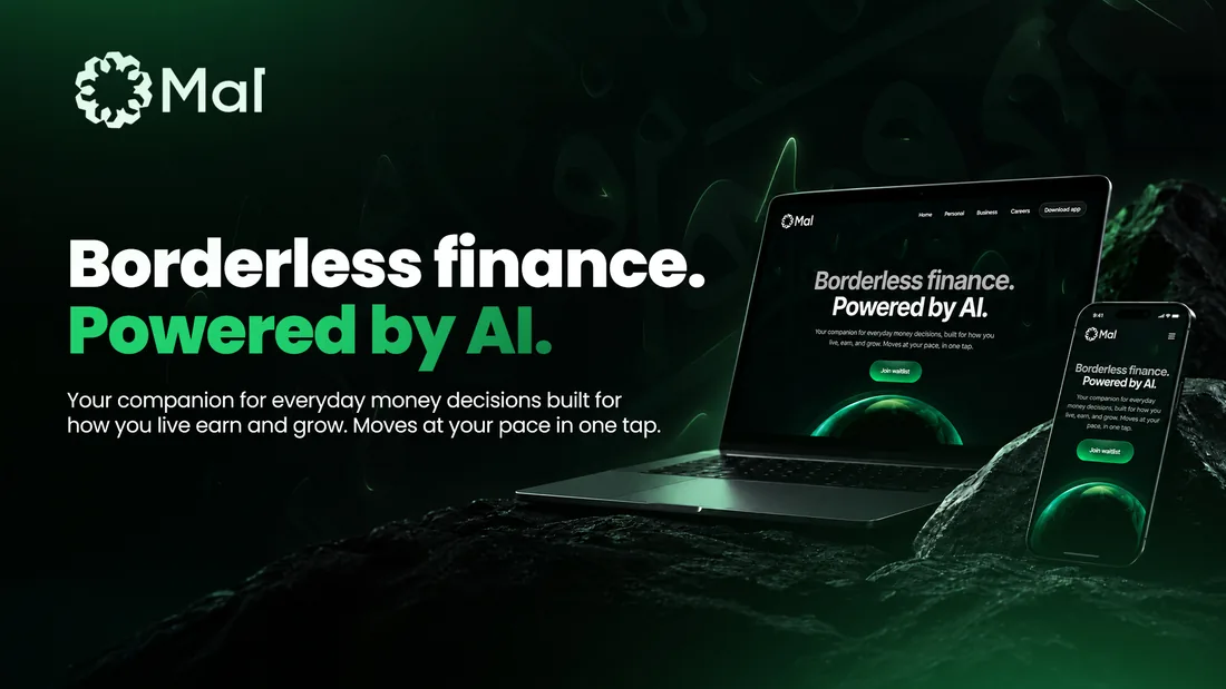 Cover board: the Mal wordmark beside a laptop and phone showing the Borderless finance. Powered by AI. landing page, lit green on wet stone.