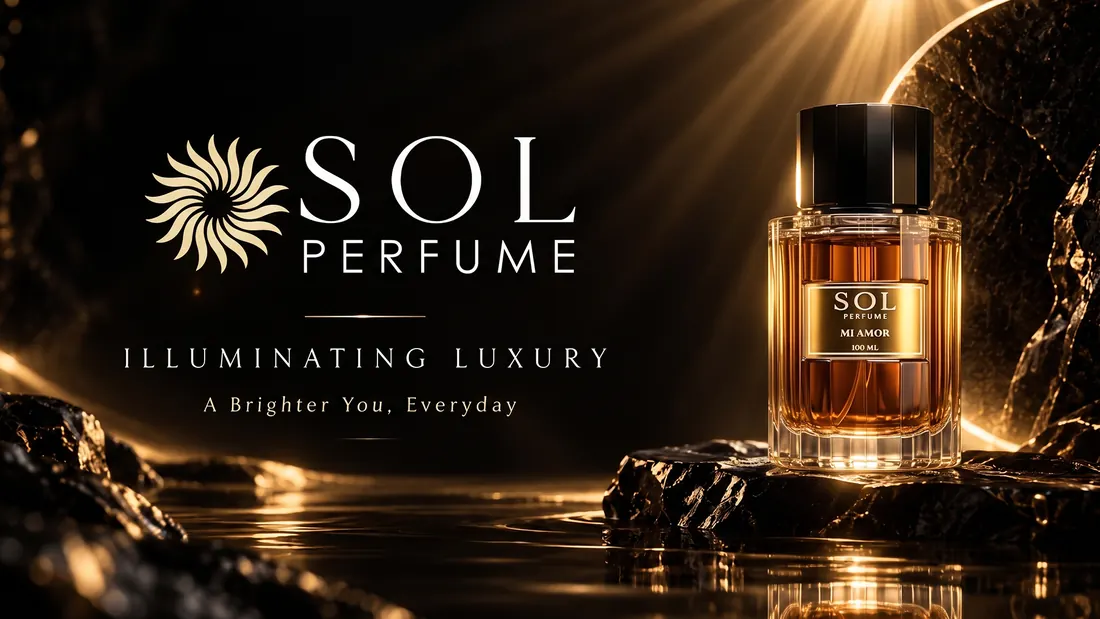 Cover board: the SOL Perfume bottle on wet black stone, under the line Illuminating Luxury — A Brighter You, Everyday.