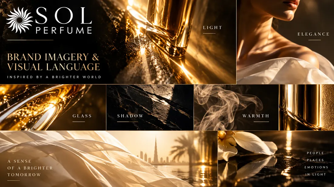 Brand imagery and visual language: a strip of glass, shadow and warmth references under the line A sense of a brighter tomorrow.