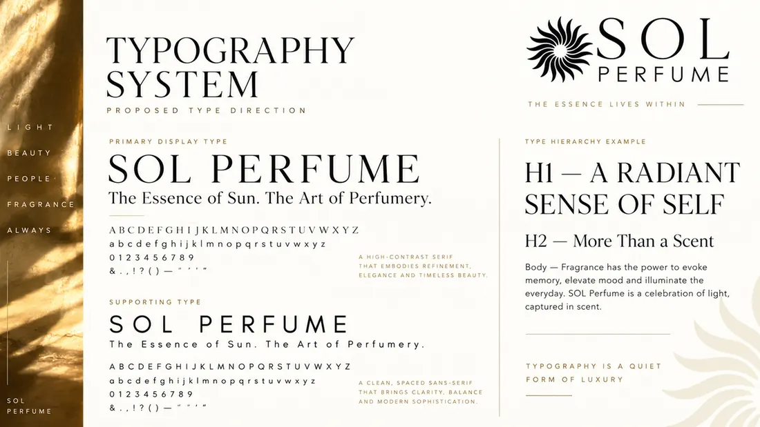 Typography system: the primary display serif and the supporting face, with the H1 and H2 hierarchy set out.