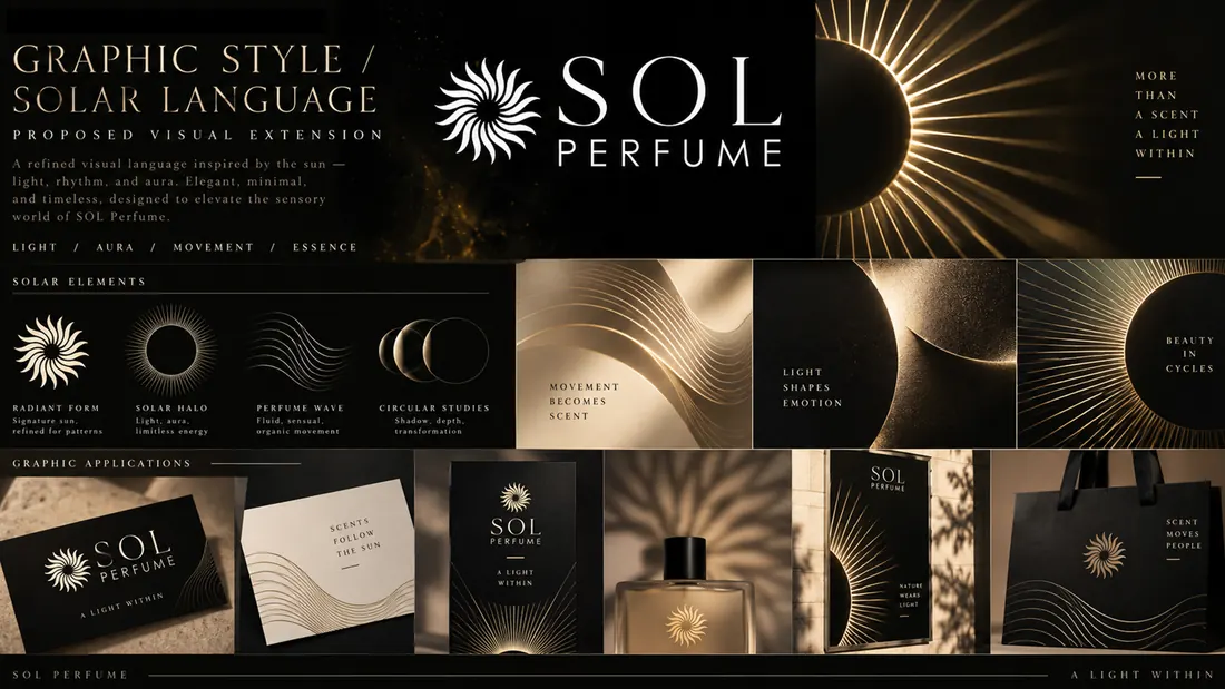 Graphic style and solar language: the sun mark, its variants and the graphic applications on card, bottle and bag.