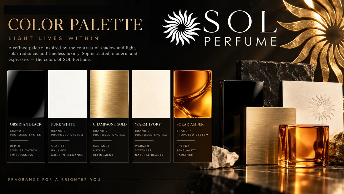 Colour palette: obsidian black, pure white, champagne gold, warm ivory and solar amber, shown against the packaging.