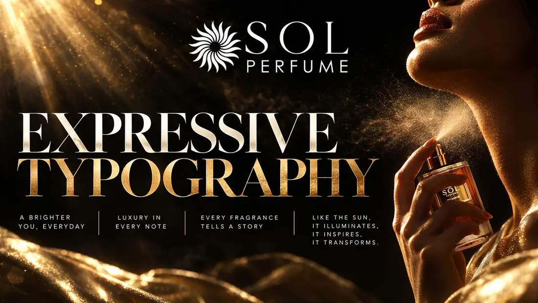 Expressive typography: EXPRESSIVE TYPOGRAPHY set over a backlit portrait mid-spray, with the four brand lines beneath.