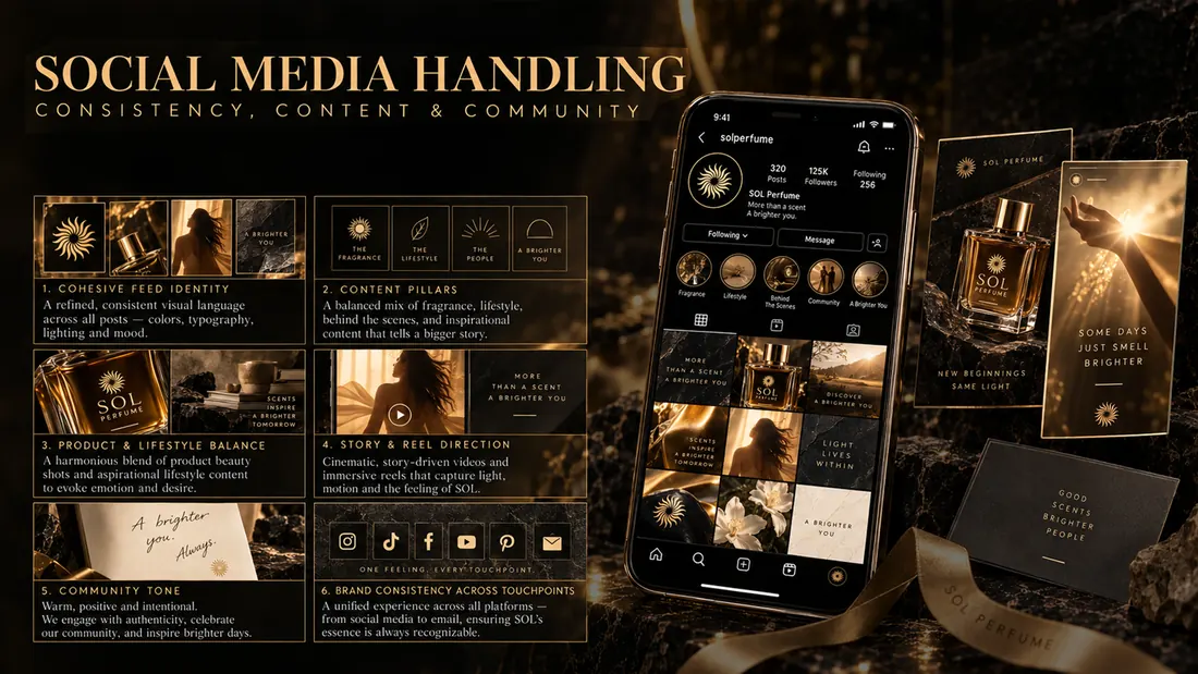 Social media handling: the feed grid and phone mockups against the five pillars — cohesive identity, content pillars, lifestyle balance, story and reel direction, community tone.