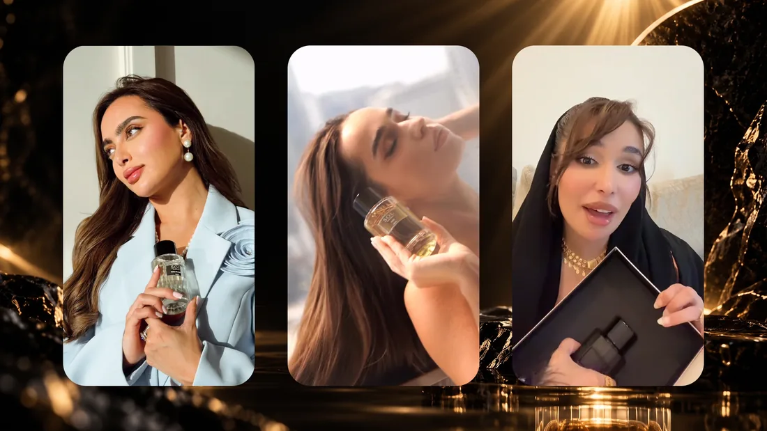 Creator content: three vertical films of the fragrance in hand — a portrait, a spray and an unboxing — as the campaign ran on creators' own feeds.