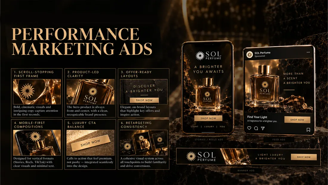 Performance marketing ads: six ad principles beside phone, tablet and desktop placements of the campaign.