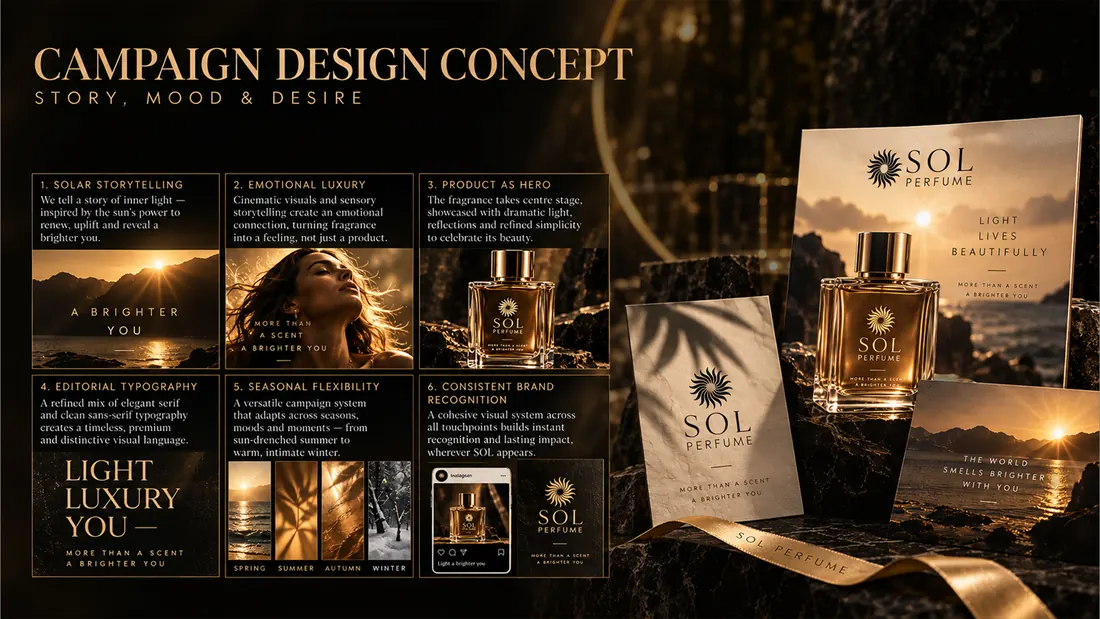 Campaign design concept: six concept tiles from solar storytelling to consistent brand recognition, beside the packaging.