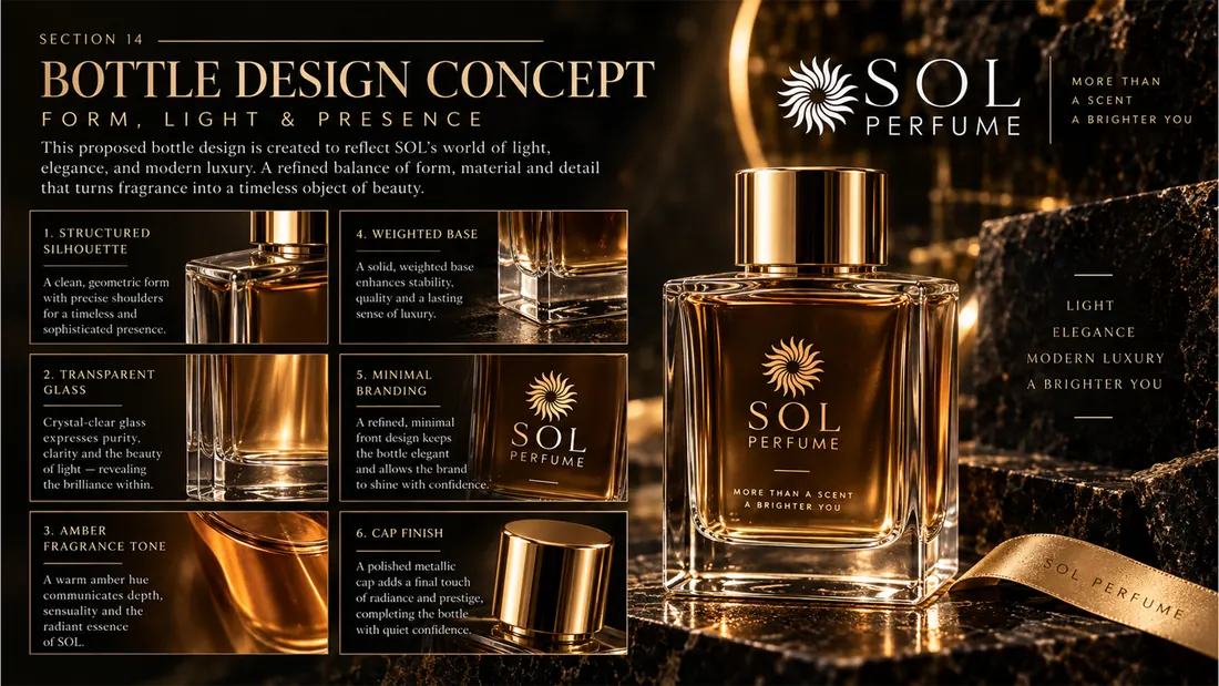 Bottle design concept: six annotated details — structured silhouette, transparent base, amber fragrance tone, weighted base, minimal branding and cap finish.