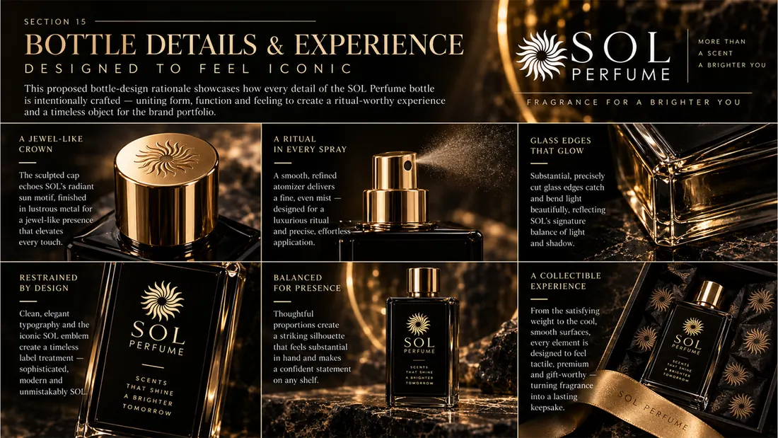 Bottle details and experience: six close-ups of the cap, the spray, the glass edges and the engraving.
