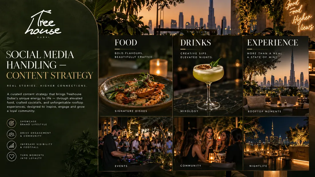 Social media handling, content strategy: the food, drinks and experience pillars shown as a photographed set.