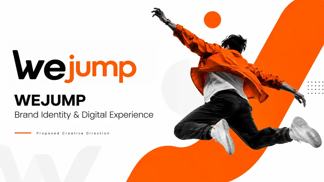 Cover board: the WeJump wordmark over a mid-air jump, captioned Brand Identity & Digital Experience.