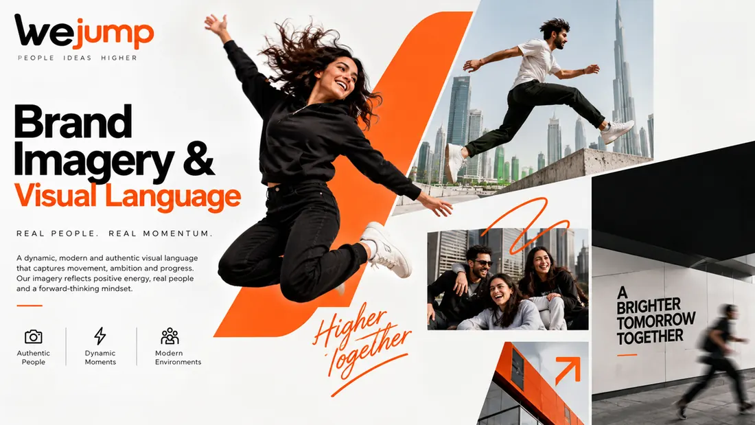 Brand imagery and visual language: jump photography, a people grid and the three imagery rules — authentic people, dynamic moments, modern environments.