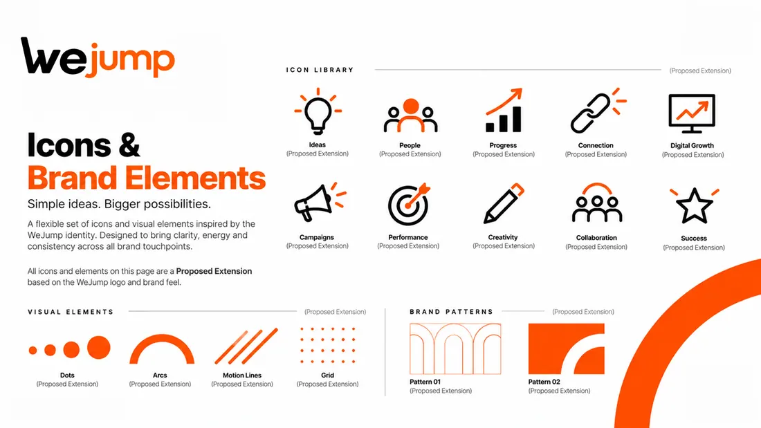 Icon library and brand elements: twelve line icons for ideas, people, progress and growth, plus the visual elements and two brand patterns.
