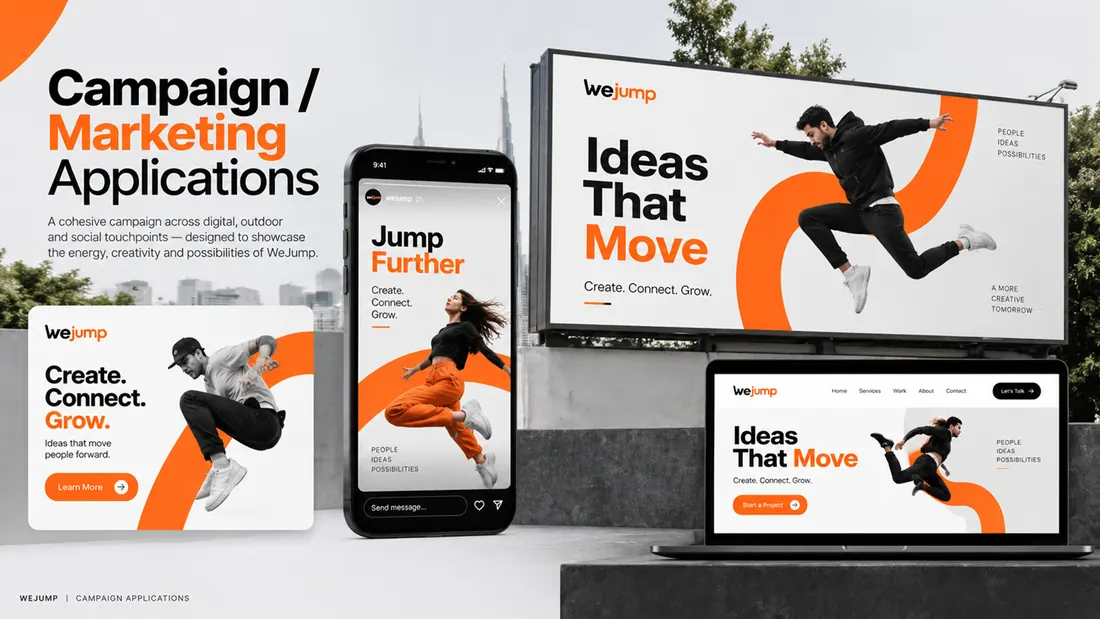 Campaign and marketing applications: the identity carried across billboard, phone, laptop and web layouts.