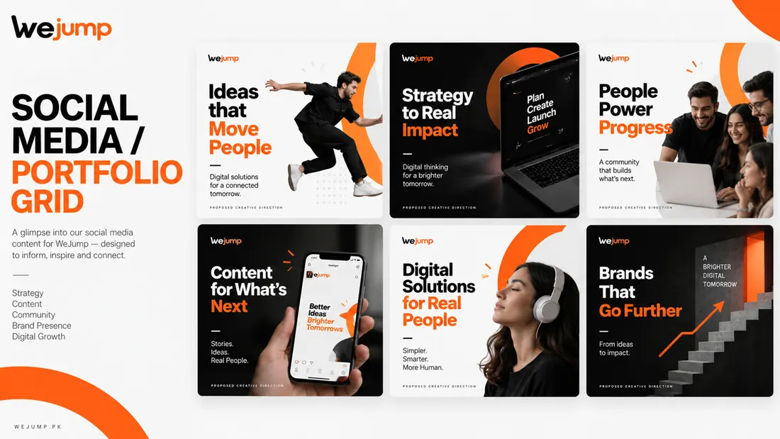 Social media and portfolio grid: nine feed tiles covering strategy, content, community and brand presence.