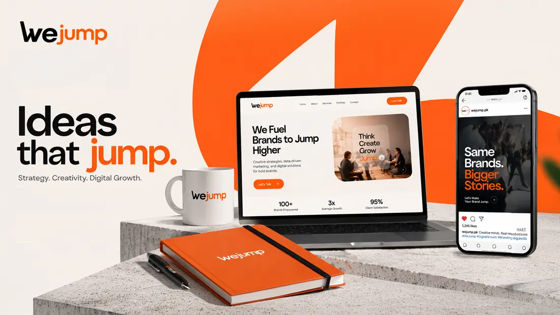 Brand mockups under the line Ideas that jump — notebook, mug, laptop and phone in the brand's black and orange.