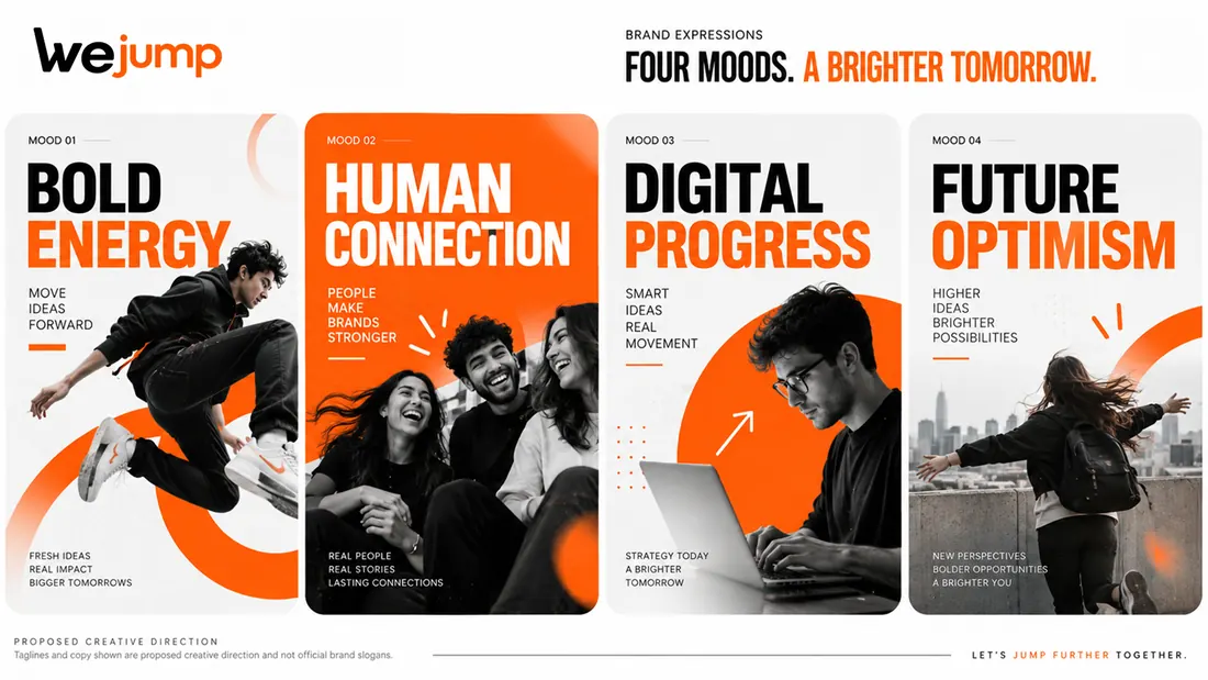 Four brand moods: bold energy, human connection, digital progress and future optimism, each as a full-bleed panel.