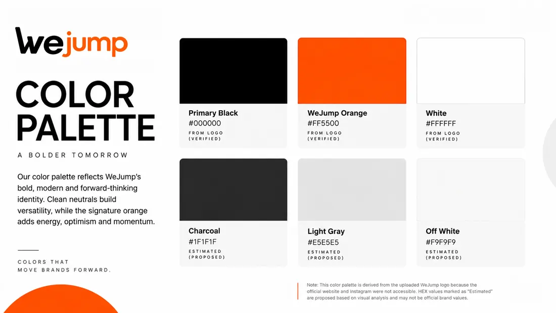 Colour palette: primary black and WeJump orange taken from the logo, with white, charcoal, light grey and off-white as proposed neutrals.